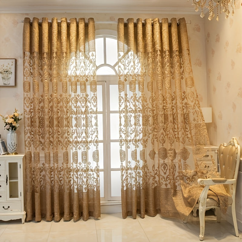 Golden Jacquard Sheer Curtain Grommet Top for Bedroom Living Room Home Decor