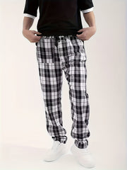 Men's Casual Plaid Woven Polyester Drawstring Lounge Pants