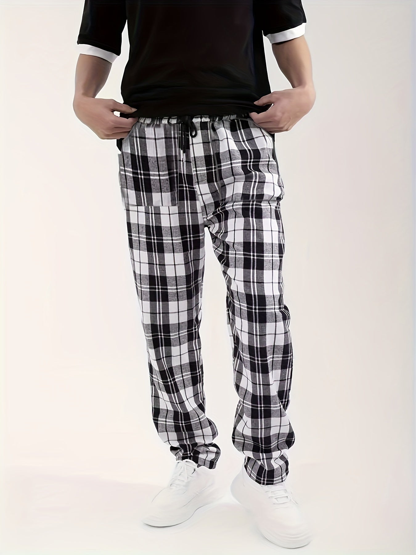 Men's Casual Plaid Woven Polyester Drawstring Lounge Pants