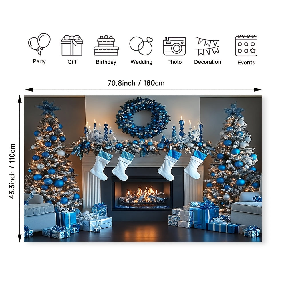 Blue and White Fireplace Backdrop Polyester Decor Multi-Season Wall Covering