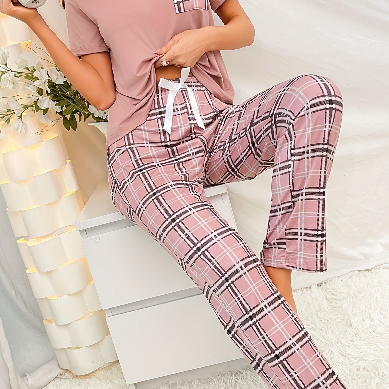 Women's Plaid Pajama Set Short Sleeve Top and Lounge Pants