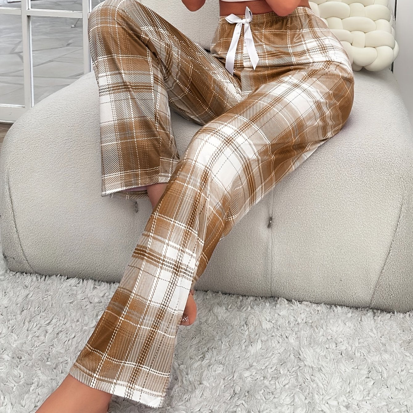 Women's Plaid Bow Elastic Pajama Pants Casual Sleepwear Bottoms All Season
