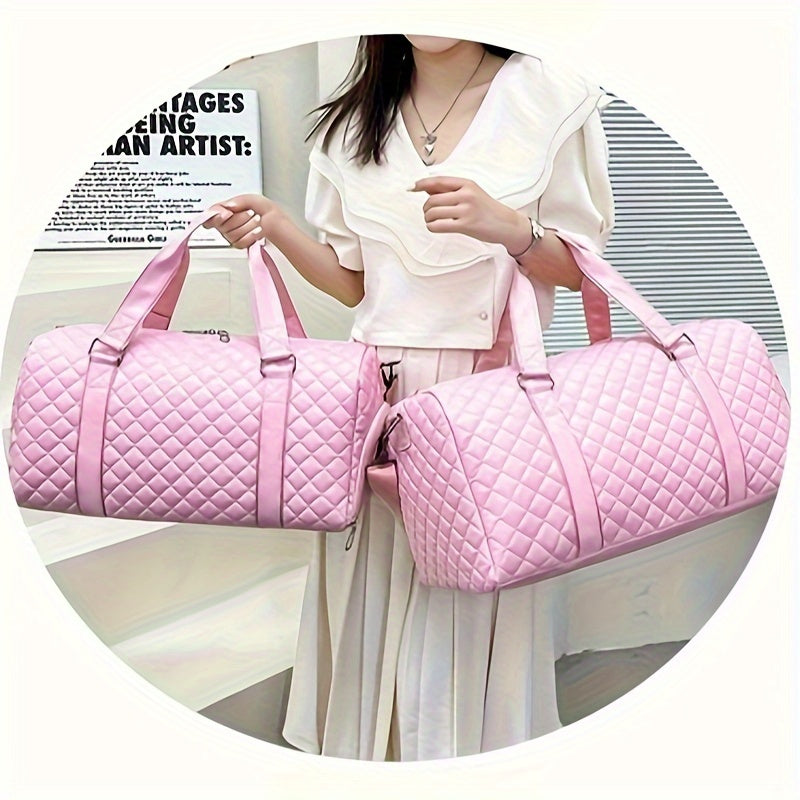 Black Quilted Diamond Pattern Duffel Bag with Wet Dry and Shoe Compartments for Travel and Gym