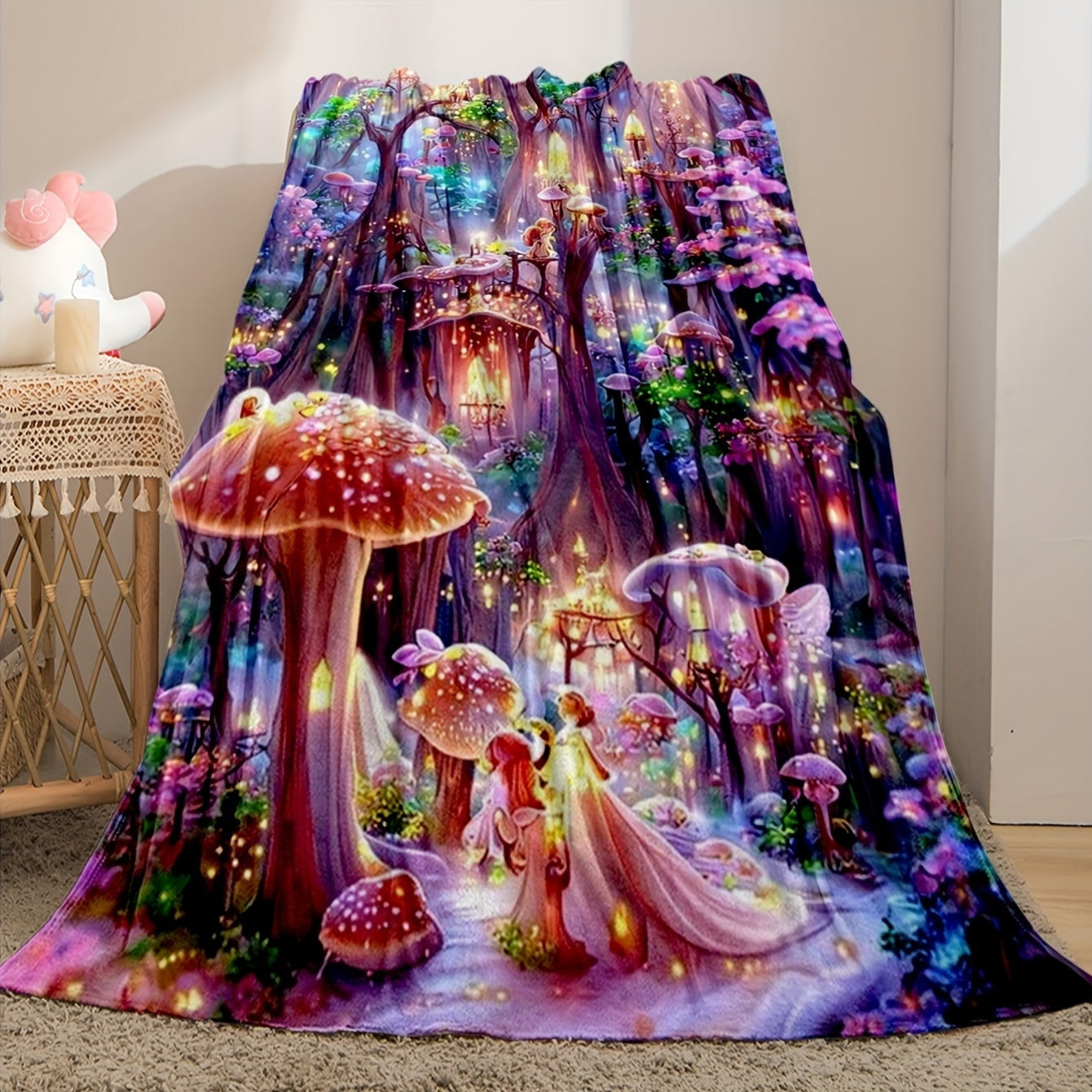 Reversible Floral Printed Throw Blanket All-Season Polyester Knit Bedding