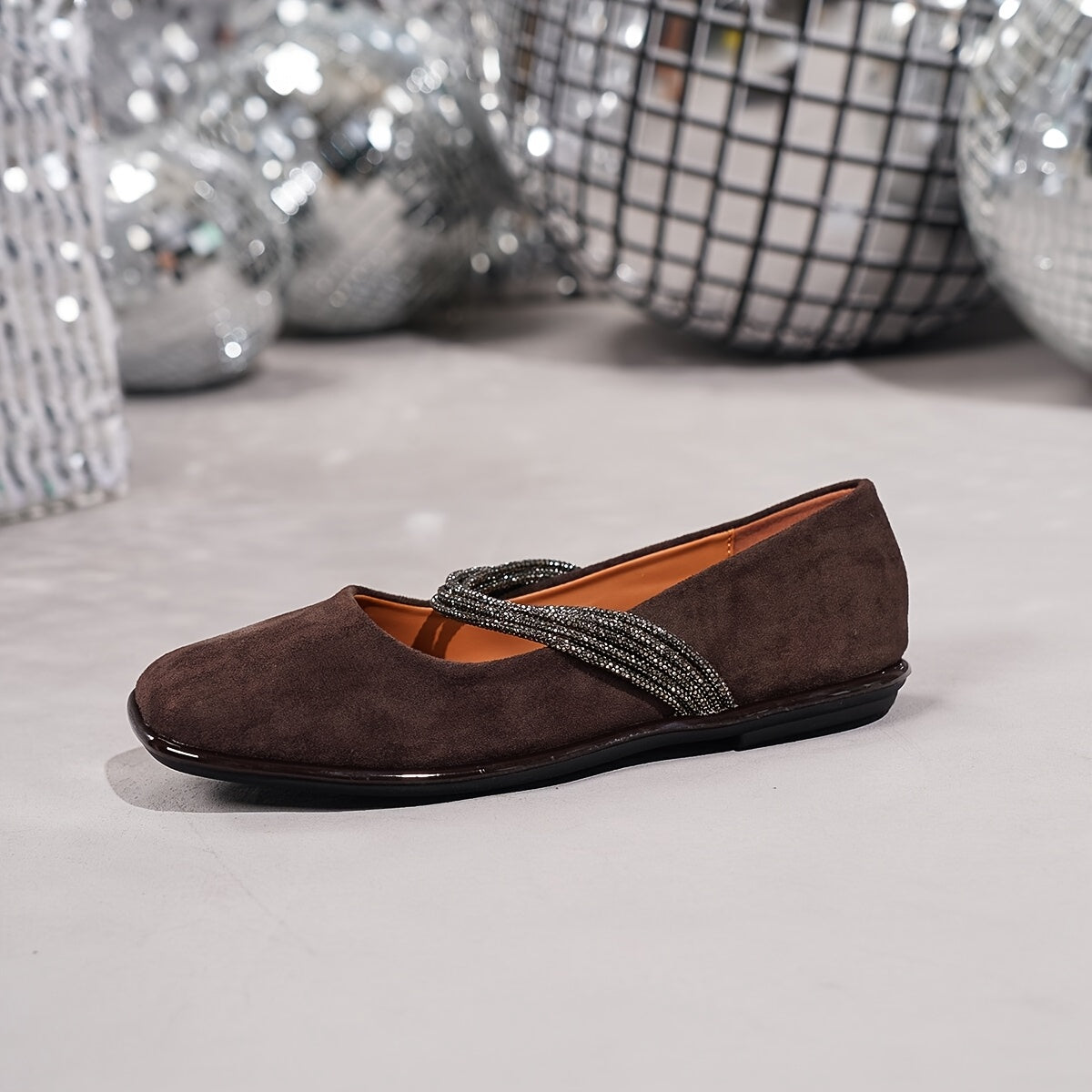 Women's Brown Flats with Rhinestone Straps Comfortable Round Toe