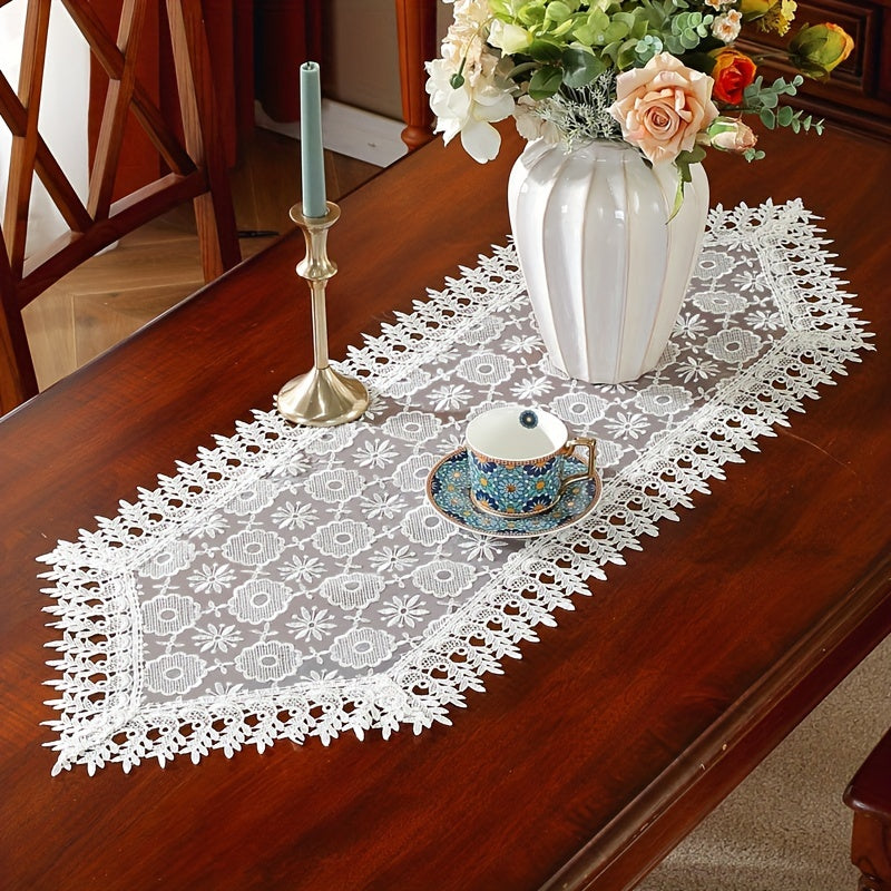 Polyester Table Runner with White Embroidery Flowers and Lace Edge for Dining or Room Decor