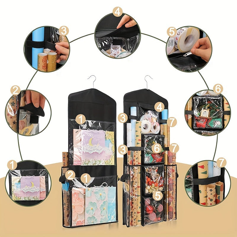 Double-Sided Hanging Wrapping Paper Organizer with Multiple Pockets for Gift Wrap Bows and Ribbons