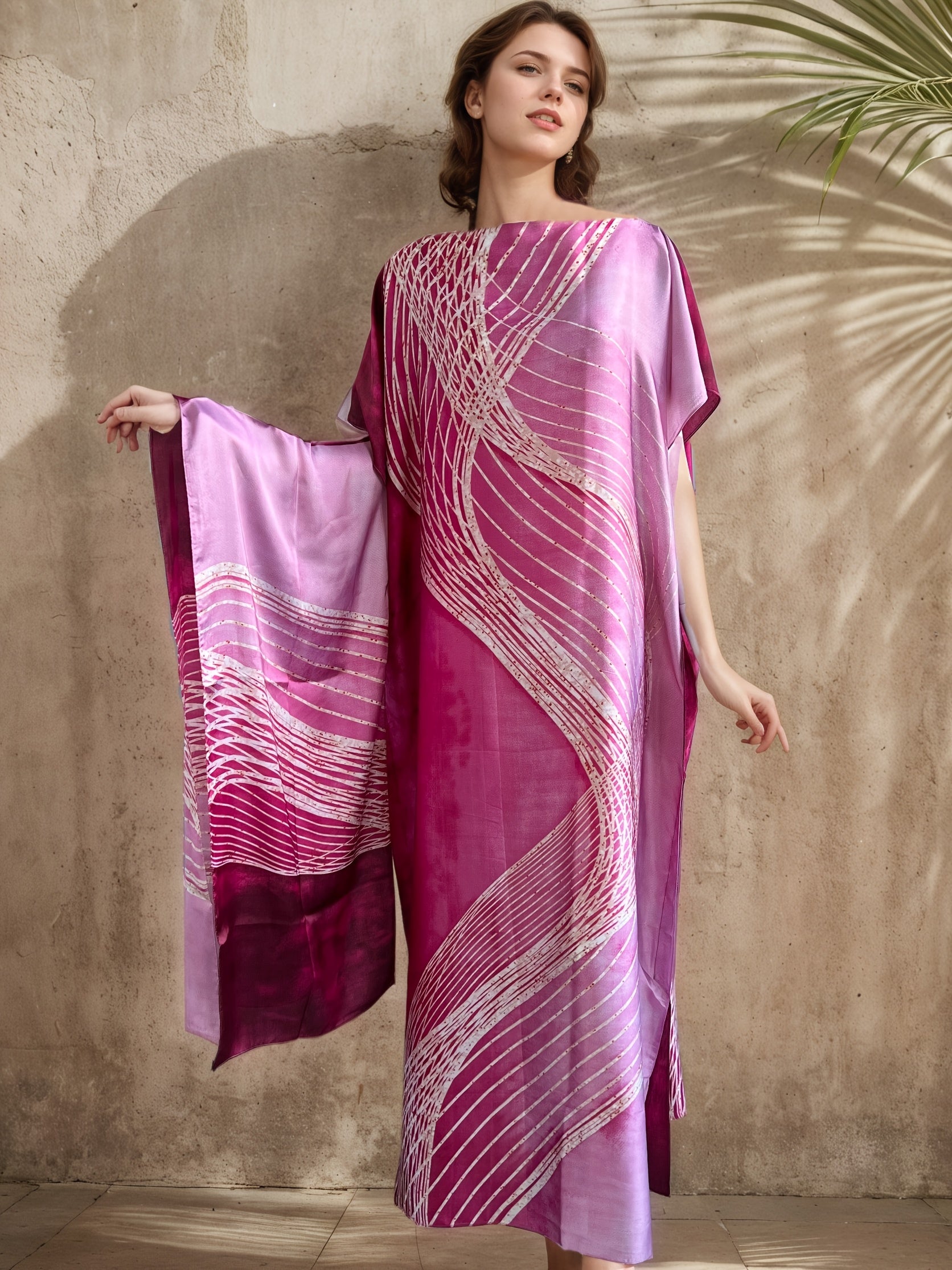 Plus Size Women's Pink Gold Abstract Print Batwing Sleeve Dress with Scarf