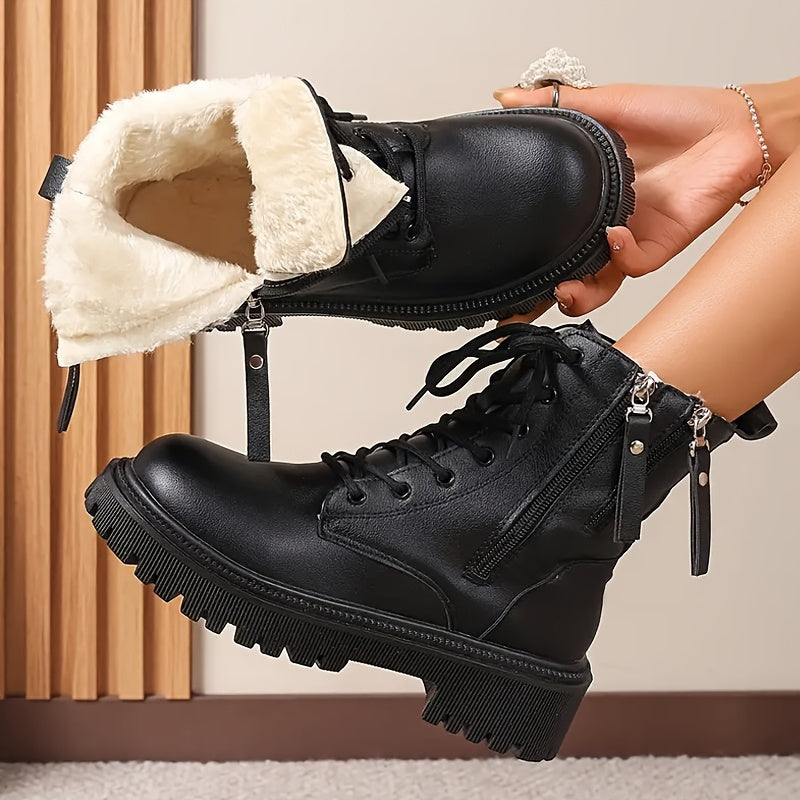 Women's Fleece-Lined Winter Boots Casual Lace-Up Mid-Calf Solid Color