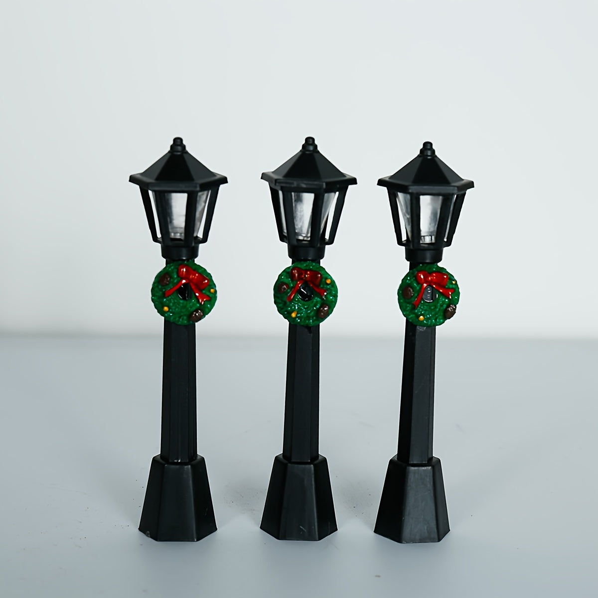 Miniature Christmas Lamp Posts with Wreaths Set of 3 Plastic Seasonal Figurines No Electricity