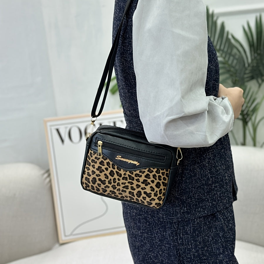 Bolso bandolera de leopardo para mujer, pequeño, de PU negro, casual, con bolsillo para teléfono y monedero