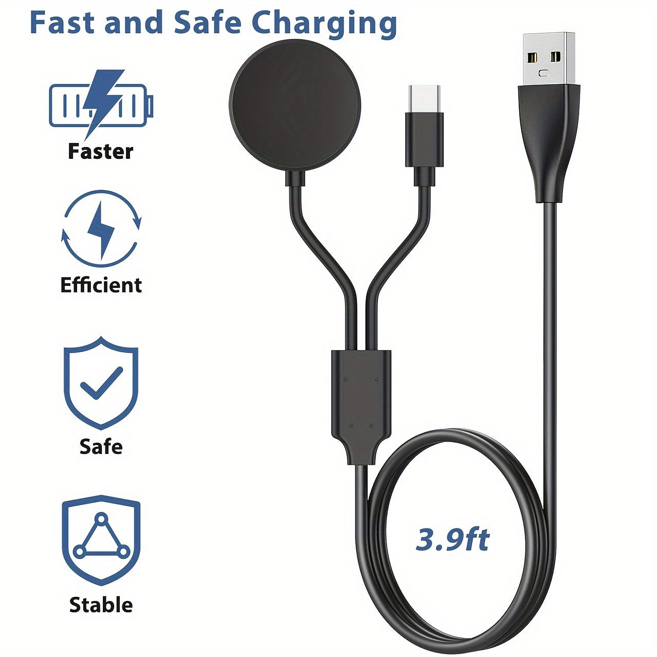 USB Charging Cable for Samsung Galaxy Watch Active 1/2/3/4/5/6 and C Phone 1.2m Black