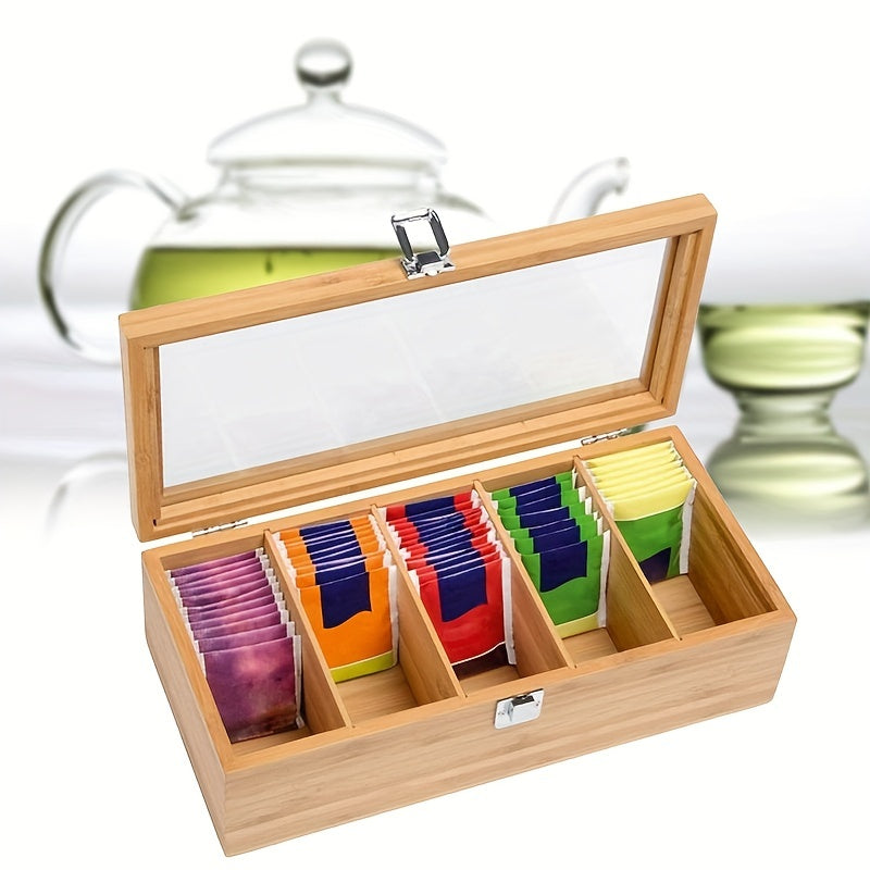 Bamboo Tea Bag Organizer Storage Box with Clear Lid Coffee and Teabag Compartments