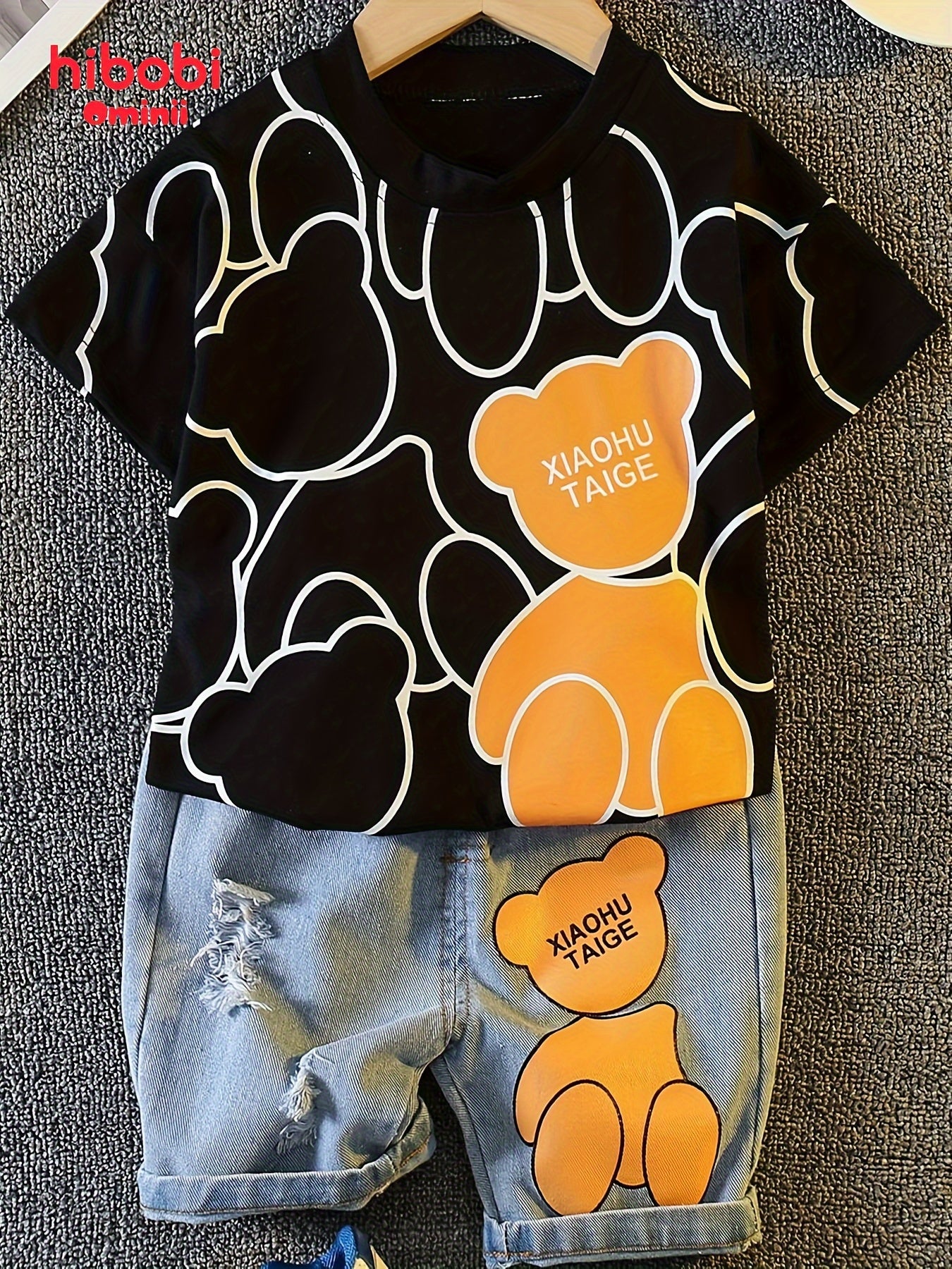 Conjunto de camiseta de algodón con dibujo de oso y pantalones cortos de mezclilla para niños