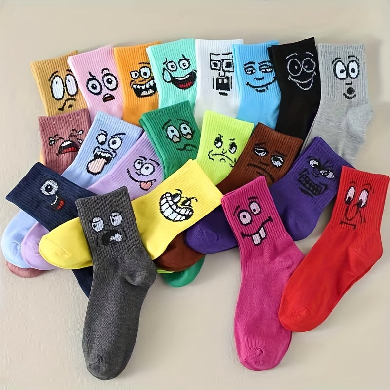 Women's Colorful Mid Tube Socks 10 Pairs Cartoon Expressions Knee-High Hosiery