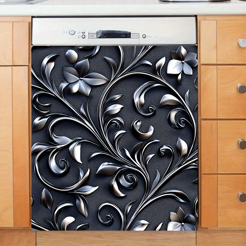 Qorong'i gul bosilgan idish-tovoq magnit stiker, suv o'tkazmaydigan, bezakli oshxona texnikasi, qora, kumush barg, 58.5x65 sm