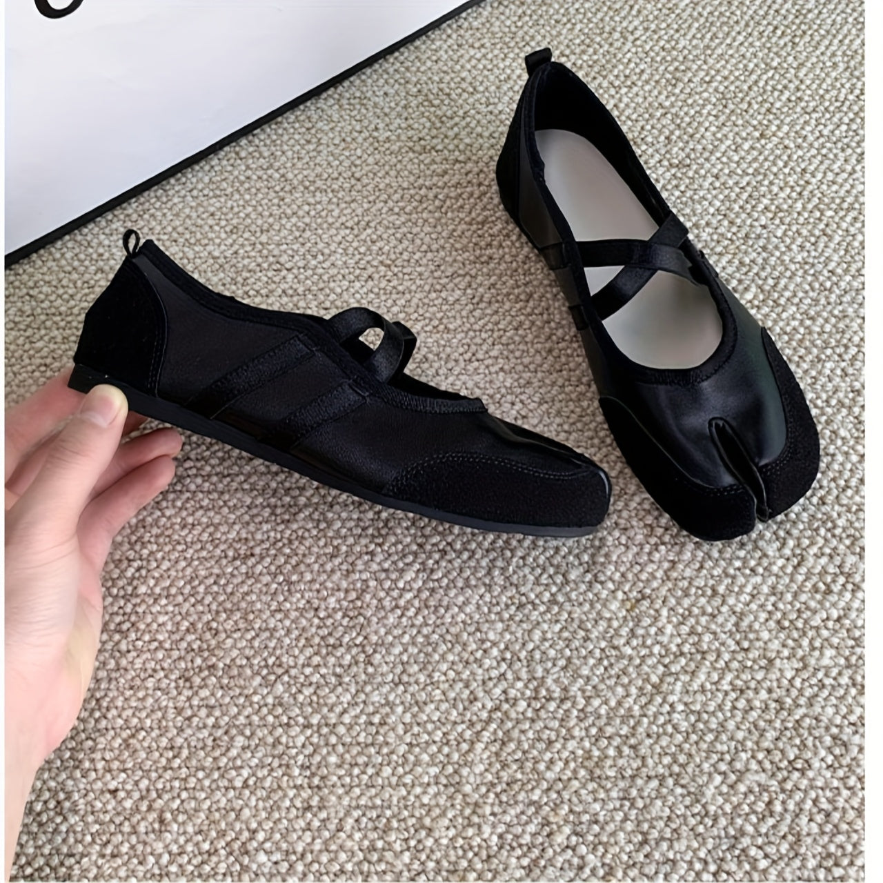 Женские туфли-лодочки на плоской подошве с раздельным носком Mary Jane, черные, из синтетики, повседневные обувь