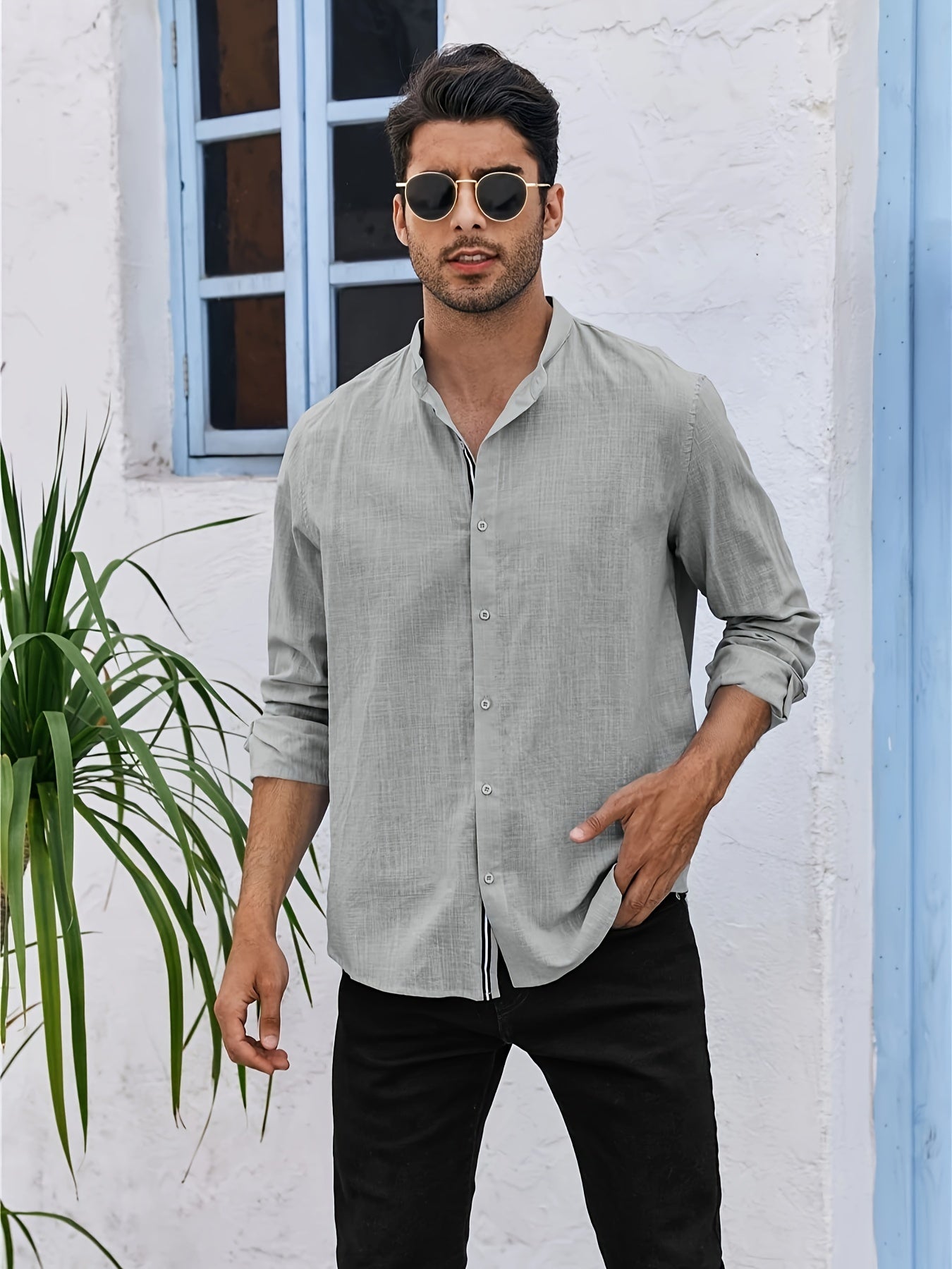 Plus Size Men's Cotton Casual Shirt with Mandarin Collar Button Closure for Beach and Casual Wear