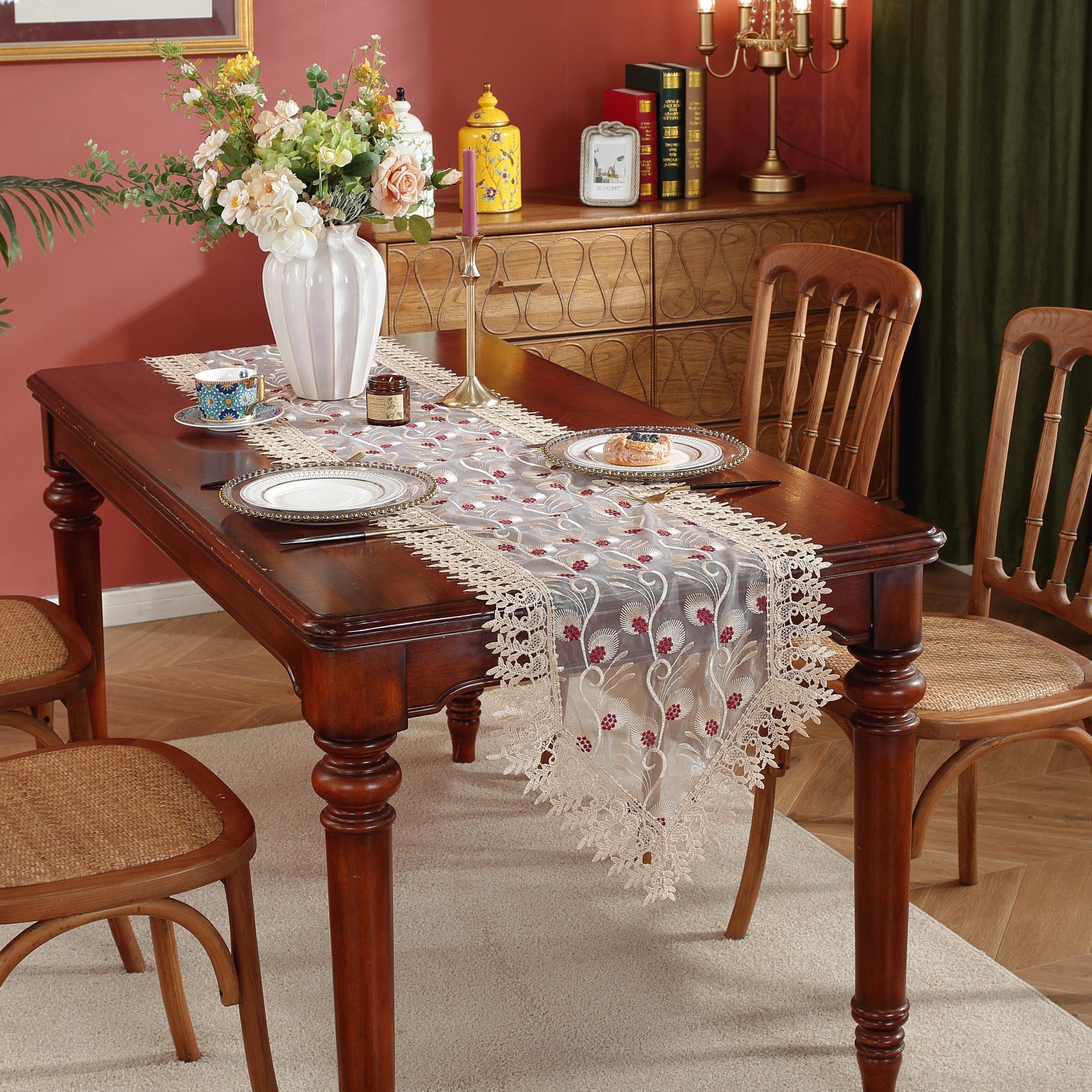 Embroidered Polyester Table Runner for Holiday and Wedding Decor