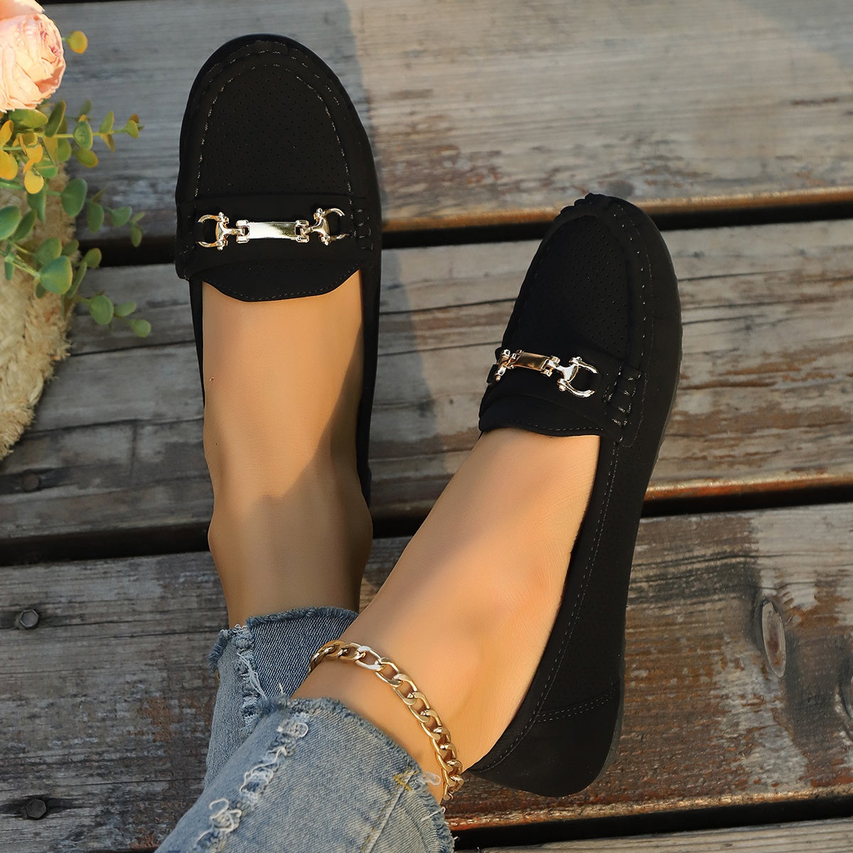 Women Slip-On Loafers Black Comfortable Casual Flat Shoes All-Season
