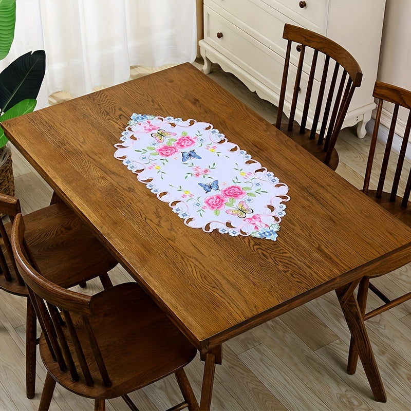Lace Embroidered Tablecloth with Flower and Butterfly Design for Dining and Bedside Decor