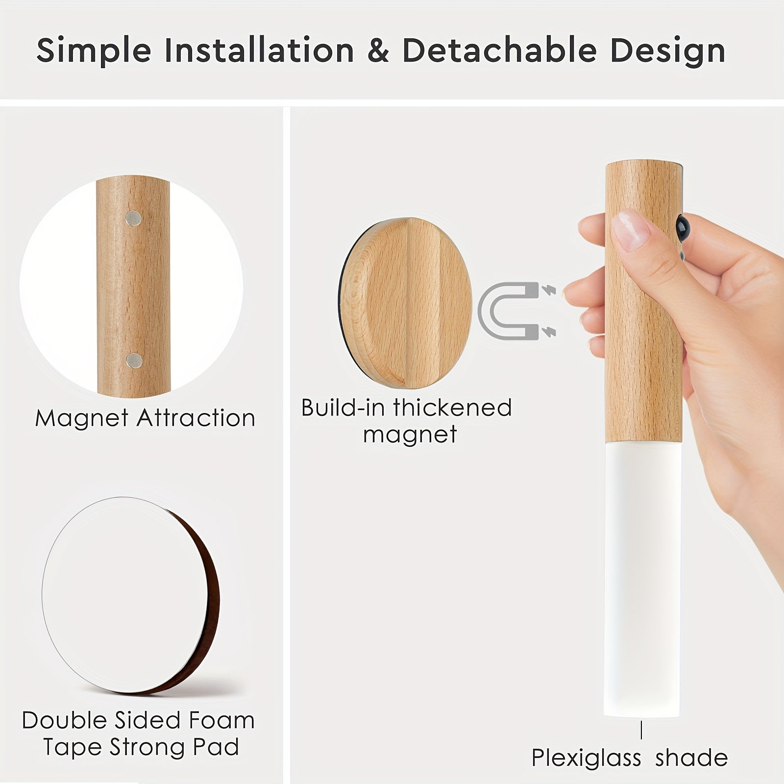 Modern Beech Wood LED Wall Sconces with Motion Sensor Rechargeable Night Lights for Bedroom Hallway