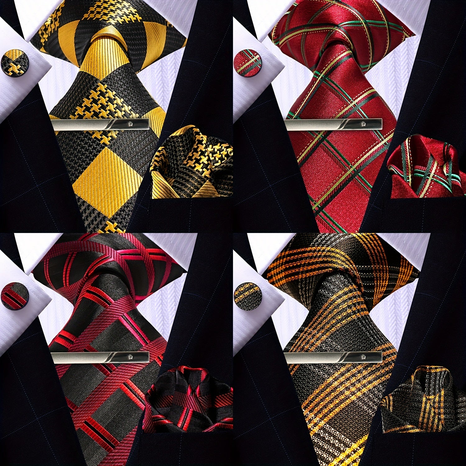 Men's Plaid Tie Pocket Square Cufflinks and Clip Set