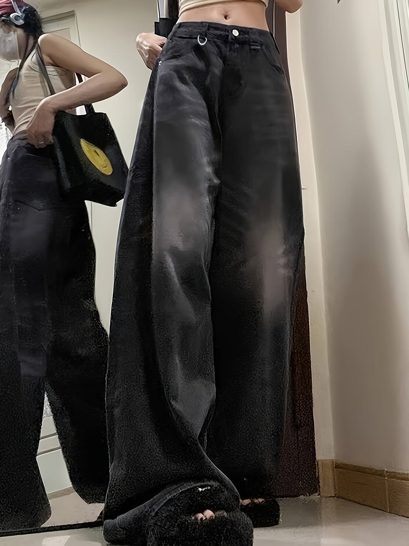 Ayollar uchun keng bo'yinli jinsilar, kundalik, qora, kulrang, yuqori bel, denim shimlar