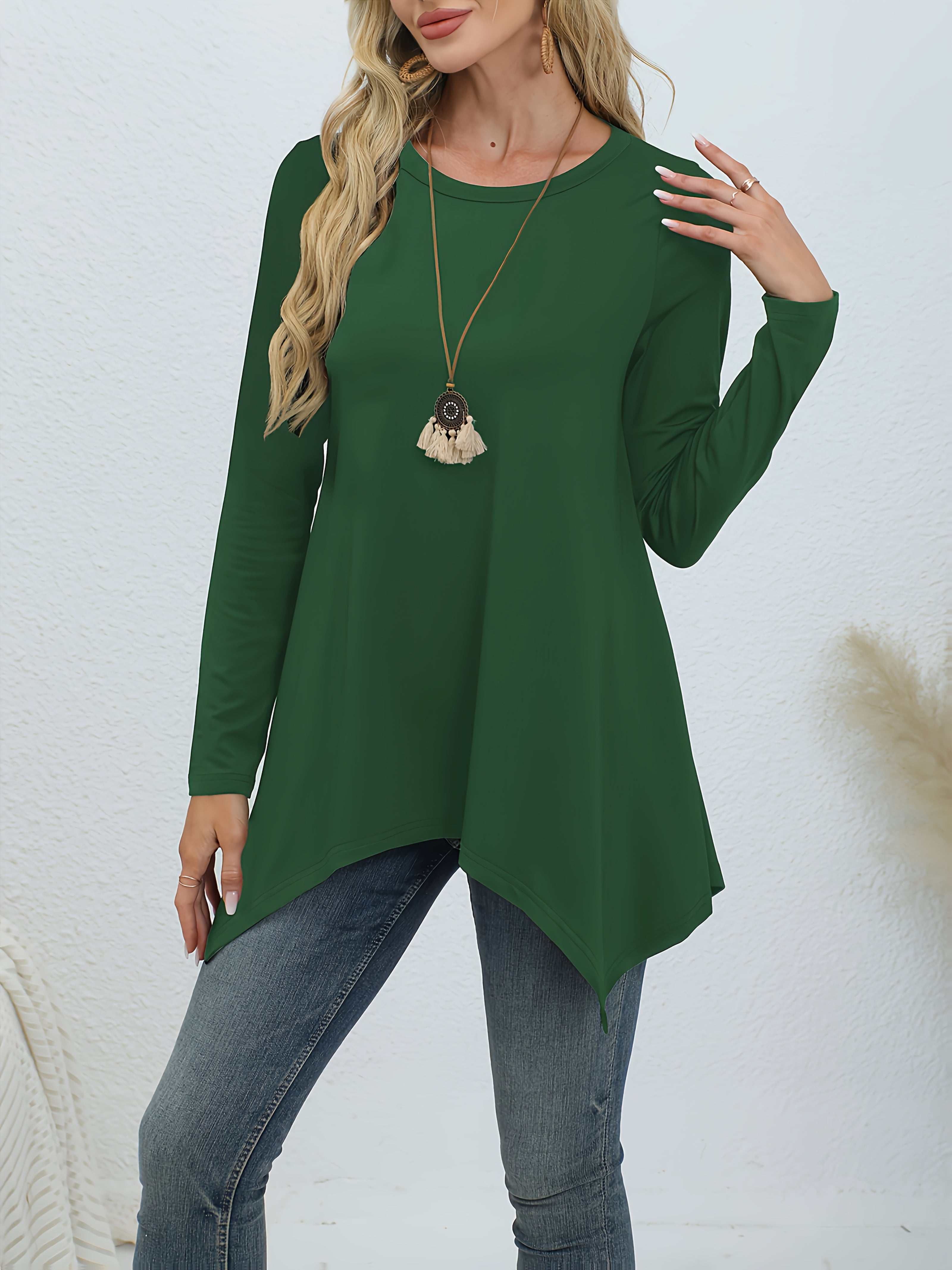 Women's Polyester Lounge Top Long Sleeve Round Neck Asymmetric Hem Casual
