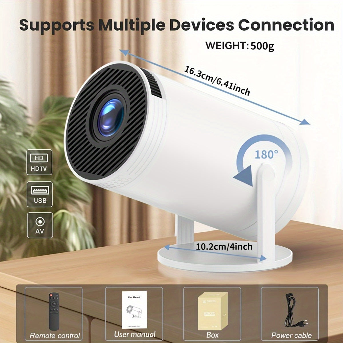 Mini LED Portable Video Projector 1080P WiFi6 5.2 Android 180° Flip
