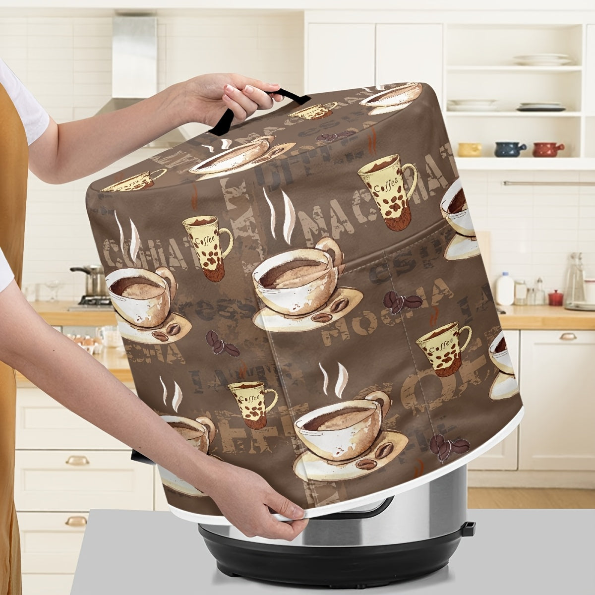 Funda de polvo para olla arrocera con temática de café con asas, bolsillo para pañuelos, poliéster, decoración de cocina