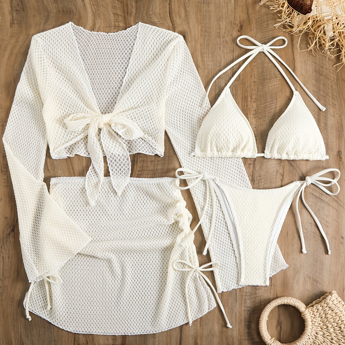 4 комплекта купальников Lauvoco для женщин с высокой эластичностью полиэстера и эластана, включает безрукавный накидку на плечи, юбку из сетки с шнуровкой и купальник однотонного цвета с отделкой из трикотажной ткани.