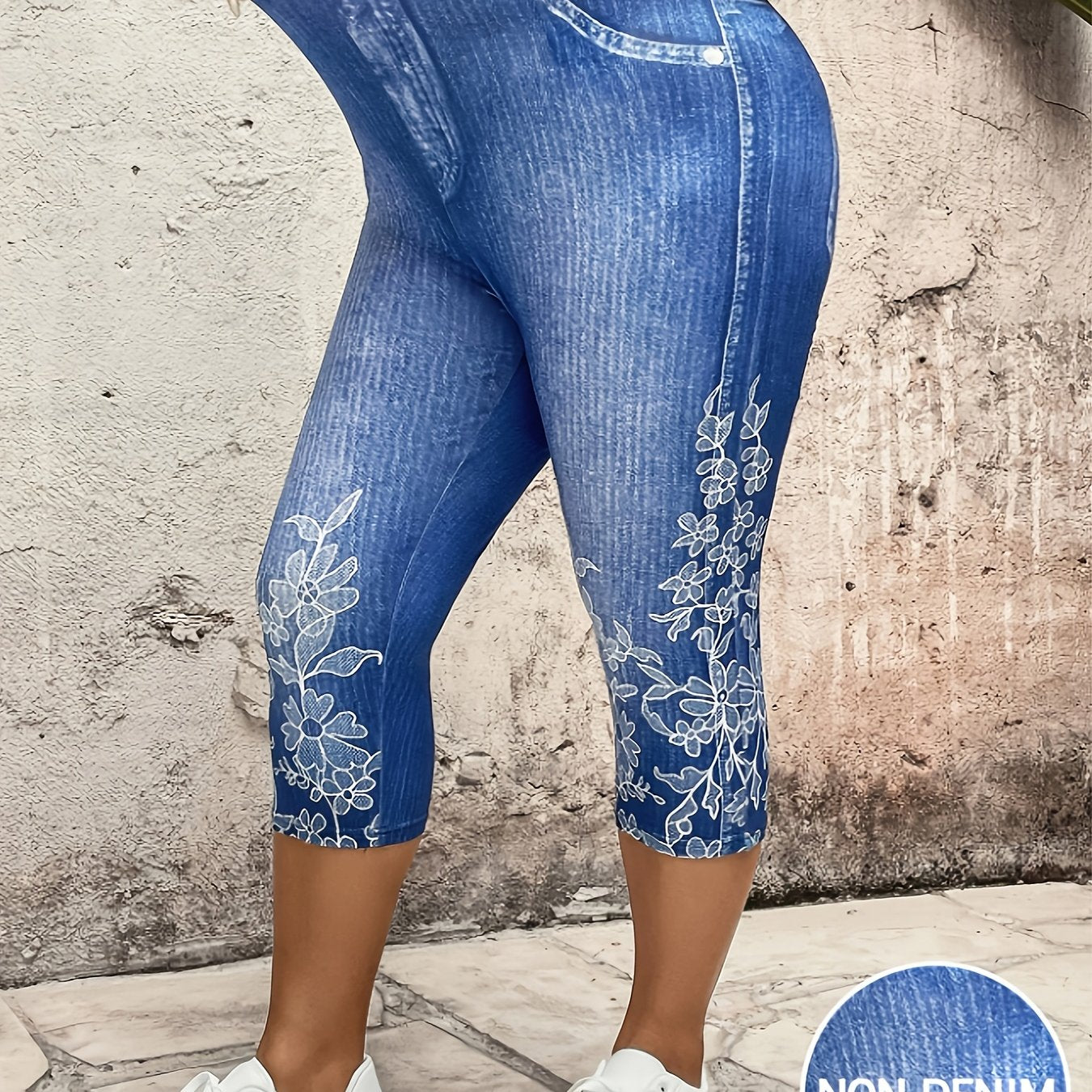 Plus Size Women's Denim Look Capri Pants with Elastic Waist Floral Print