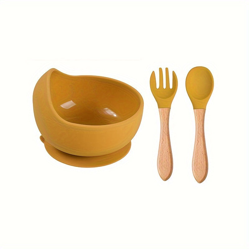 Baby Feeding Set Silicone Bowl Fork Spoon Non-Slip Microwave Safe Wooden Handle 3 Pieces