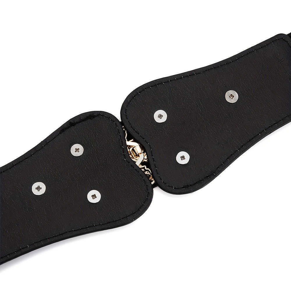 Women's Coat Dress Belt Elastic Waistband Solid Color Wide Girdle with Golden Leaf Buckle