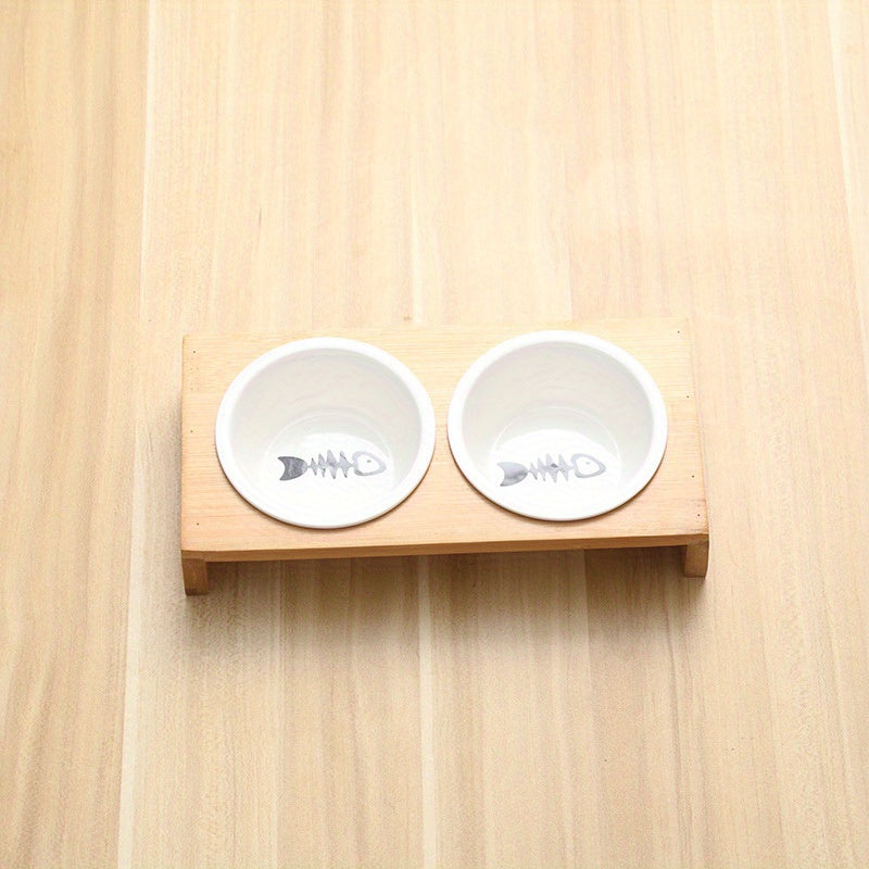 Cuencos de cerámica para gatos con soporte de bambú, plato de comida para mascotas pequeñas para gatos de interior