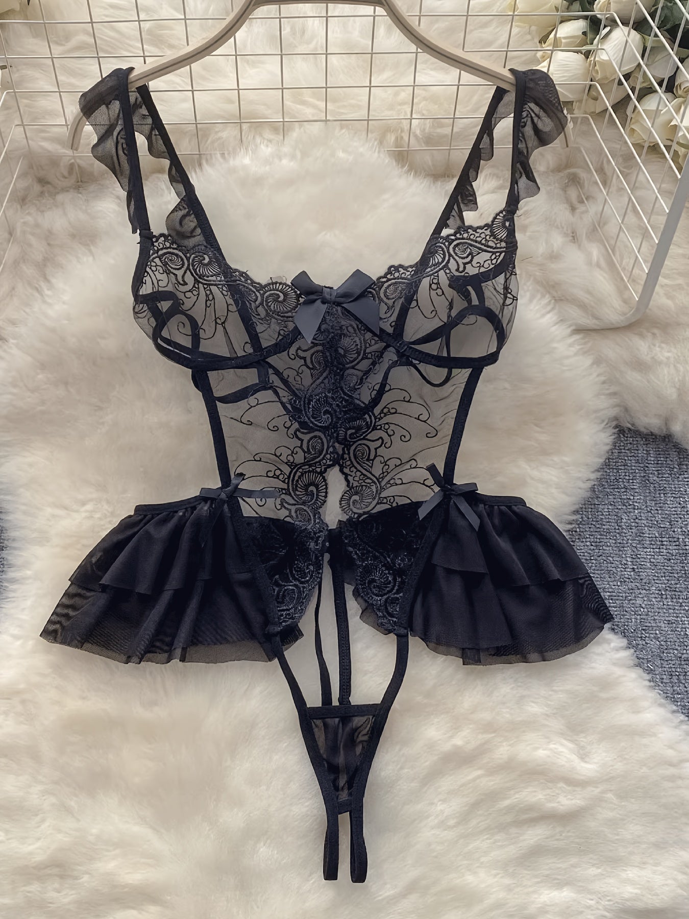 Кружевной вышитый боди с открытой передней для женщин, сексуальное пижамное белье