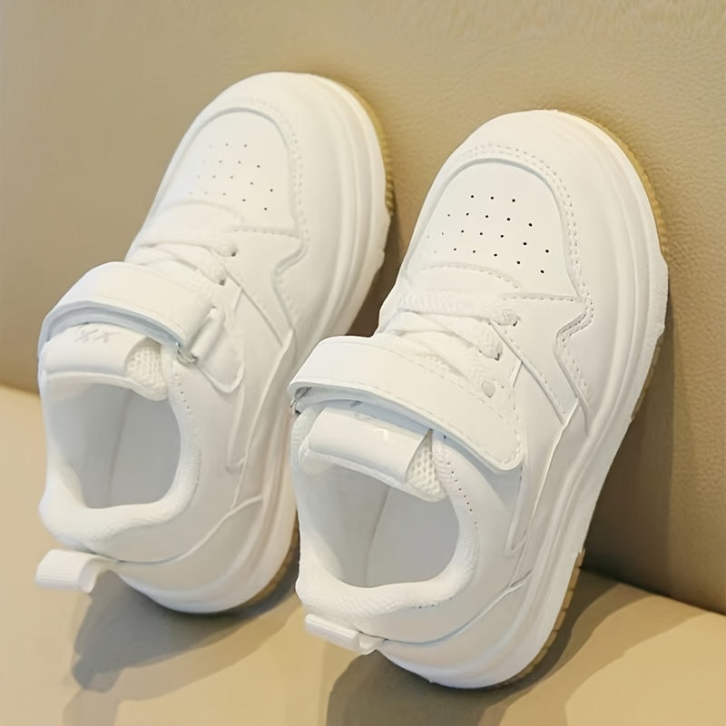 Kids' White Low Top Sneakers for Boys and Girls Adjustable Strap PU Upper Casual School Shoes