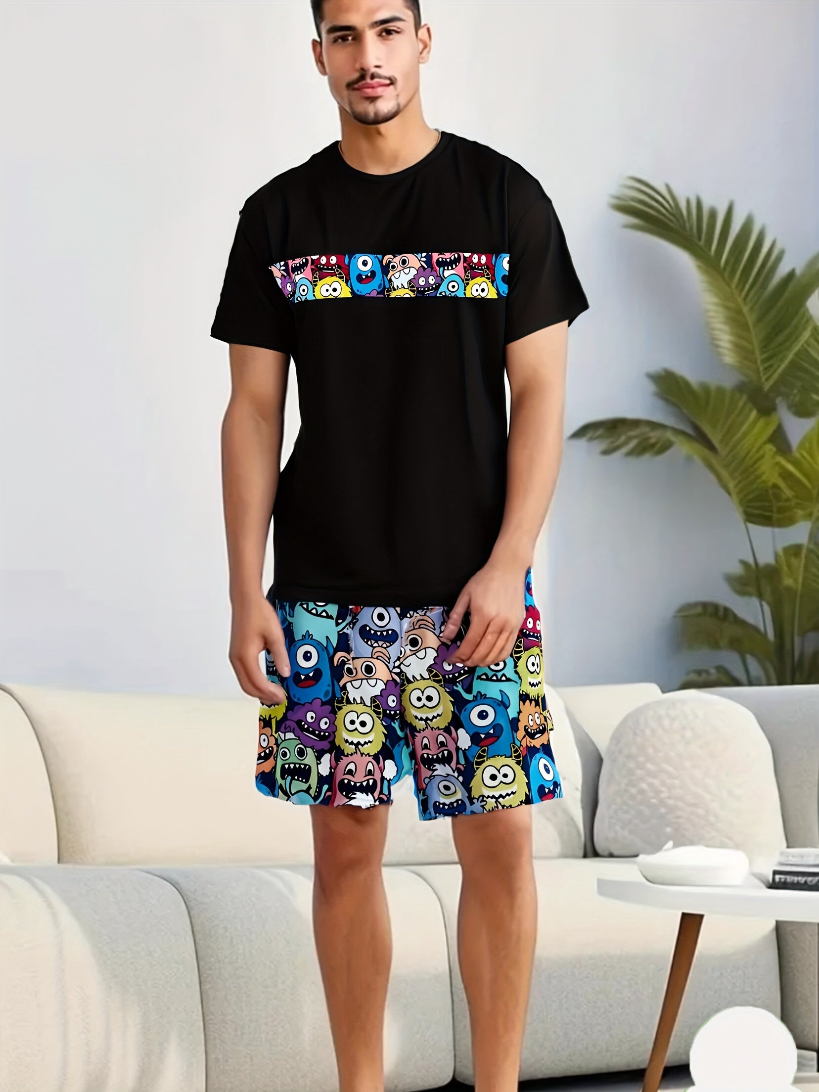 Men's Lightweight Short Sleeve Pajama Set with Elastic Waist Shorts