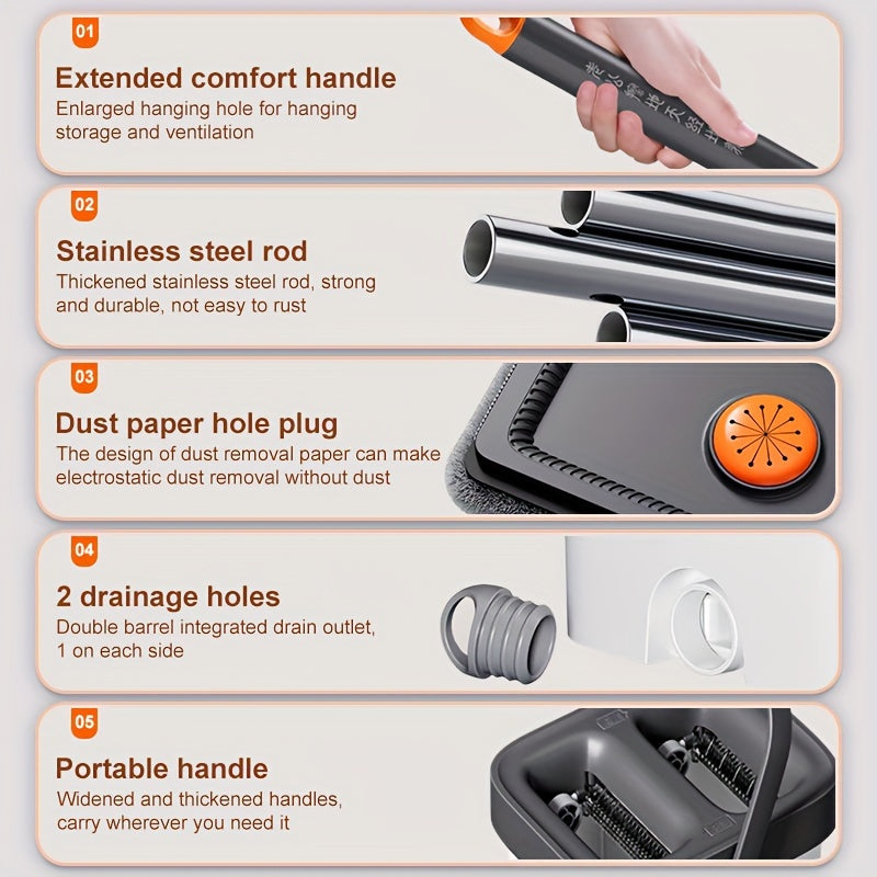 Ushbu tekis mop katta o'lchamda bo'lib, idish va qirqish bilan jihozlangan, qo'lsiz tozalash imkonini beradi. U ho'l va quruq tozalash vazifalariga mos keladi va to'rt ta mato bilan ta'minlangan. Uzunroq tutqich esa oson harakatlanishni ta'minlaydi.