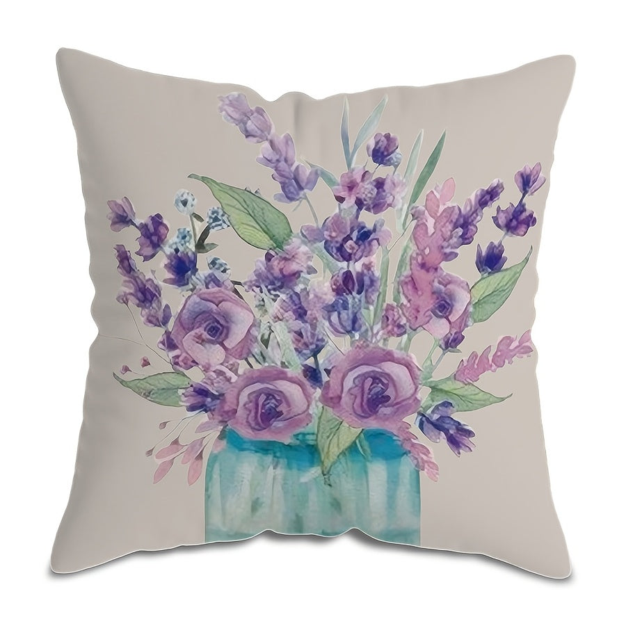 Purple Floral Pillow Cover 44.98cm Square Single-Sided Zip Washable for Couch Sofa Bed