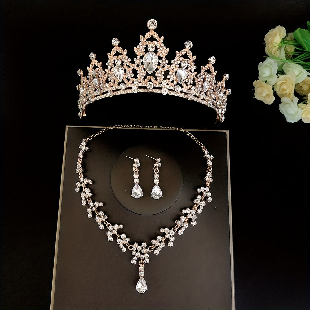 Women Bridal Jewelry Set Crystal Tiara Earrings Necklace for Weddings and Parties