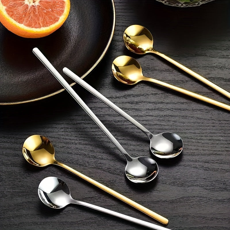 Set of 4 Gold Stainless Steel Long-Handled Spoons for Coffee, Ice Cream, and Honey