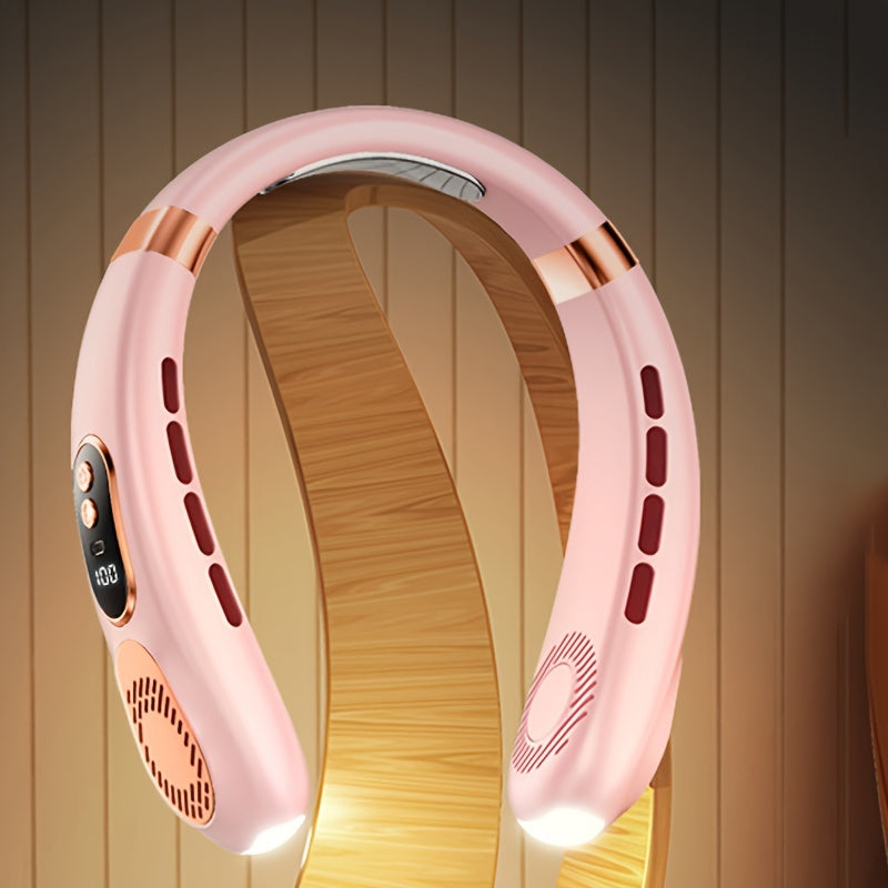 Neck-Mounted USB Fan with LED Lights, Bladeless Design, 5-Speed Cooling