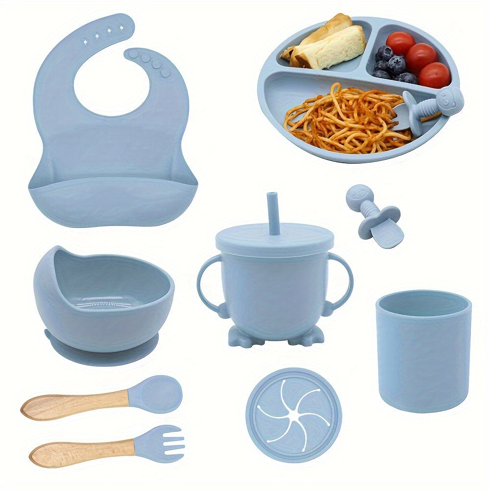 Baby Feeding Set 9 Pieces Silicone Bib Spoon Fork Suction Plate Bowl Cups for Infants
