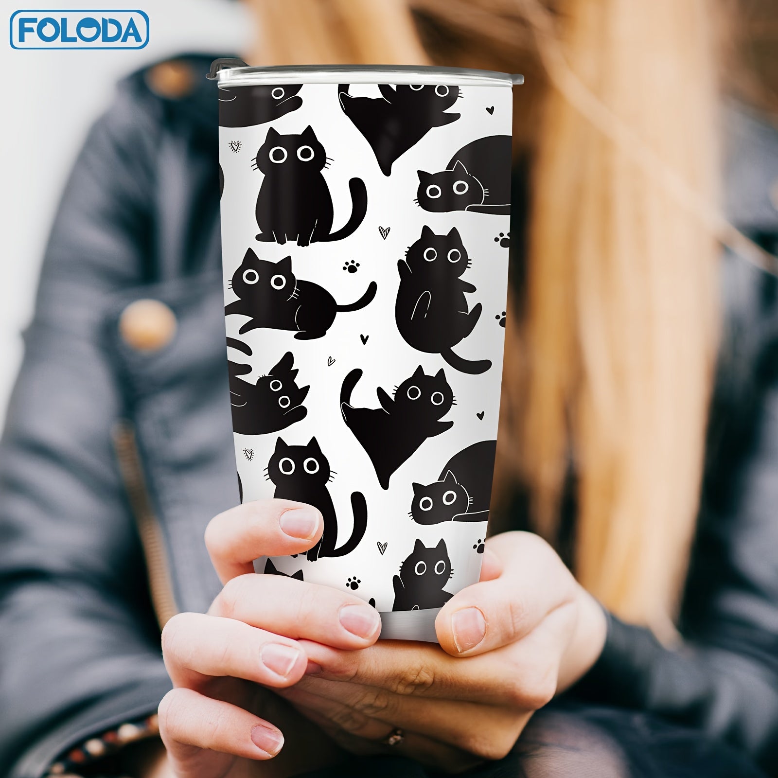 20oz Black Insulated Stainless Steel Tumbler with Lid for Cats and Gifts