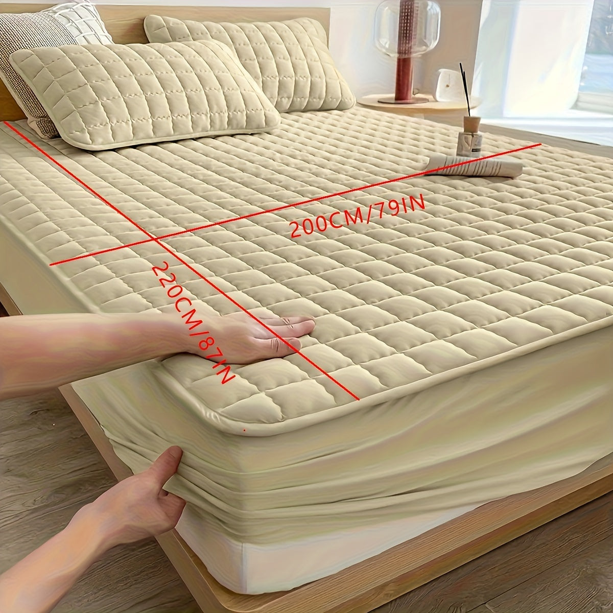 Light Gray Quilted Waterproof Fitted Sheet Breathable Polyester Deep Pockets Easy Care