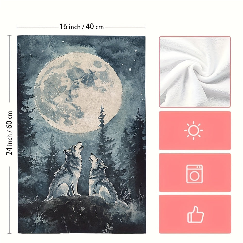 2pcs Ultra Soft Kitchen Towels Wolf Howling Full Moon Watercolor 40x60 Inches