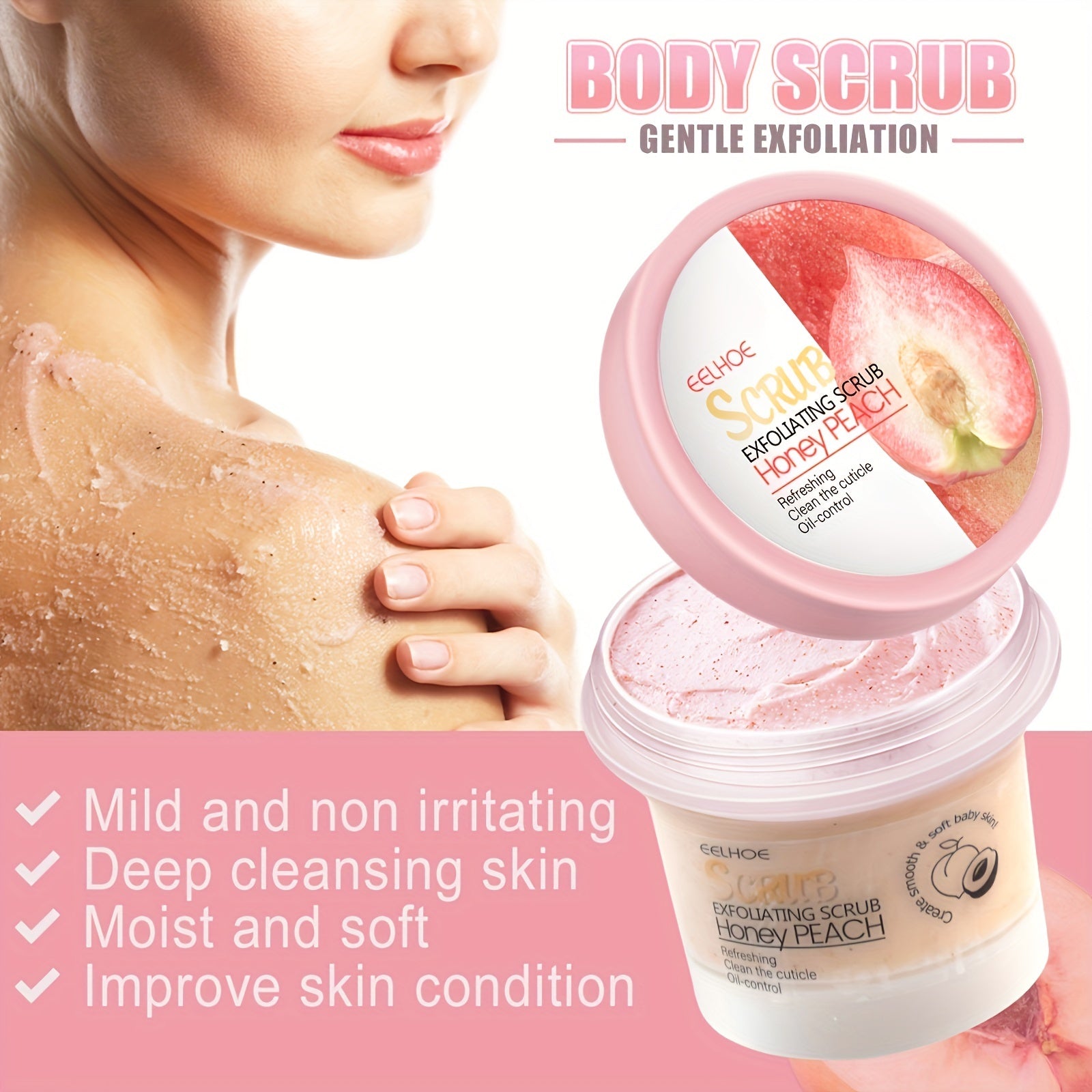 EEHOE Honey Peach Body Scrub Cream (3.53oz) - Yumshoq teri uchun chuqur tozalaydi va eksfoliatsiya qiladi. Barcha teri turlari uchun mos keladi. Glicerin o'z ichiga oladi.