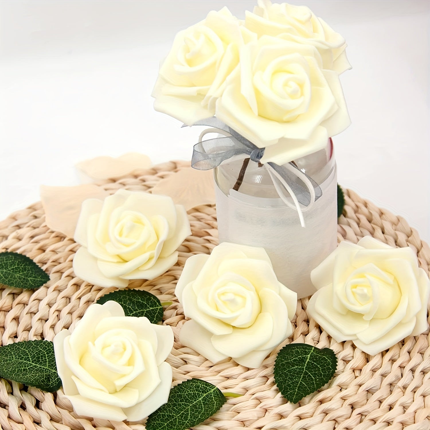 50 Pieces Artificial Foam Rose Flower Heads Ivory White for Wedding Party Home Decor